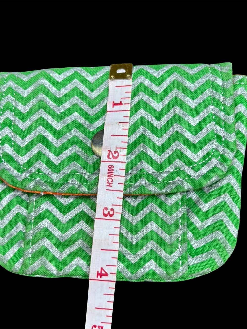 Green Chevron Mini Fabric Wallet Snap Pouch Coin Case Bright Orange Lining